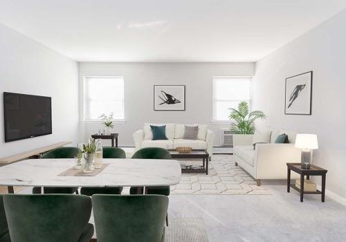 Large living room with two couches 和 a TV with a view of the dining area at 沃灵顿口岸 at Warrington, PA